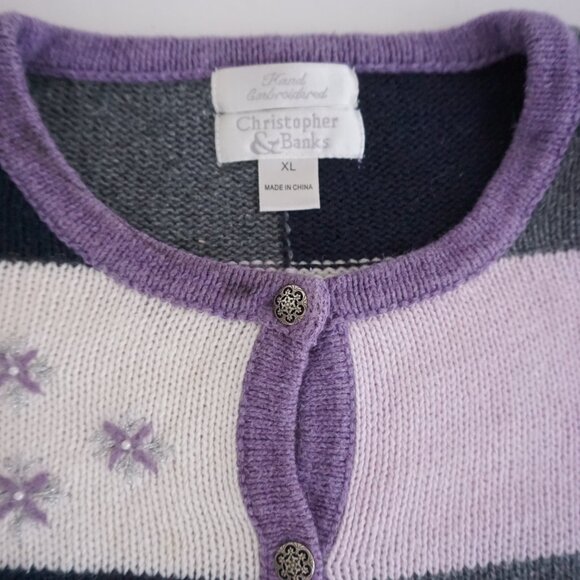 Christopher & Banks Lavender Patchwork Snowflake Tree Winter Grandma Cardigan XL - Picture 9 of 9